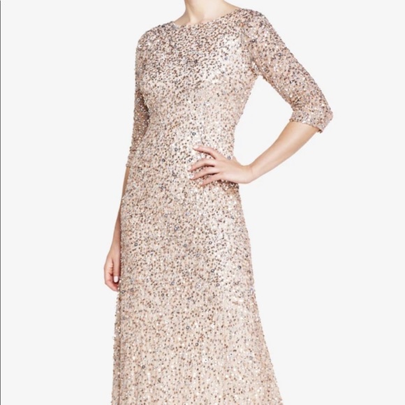 SCOOP BACK SEQUIN GOWN WITH THREE QUARTER SLEEVES IN CHAMPAGNE SILVER - Picture 1 of 7